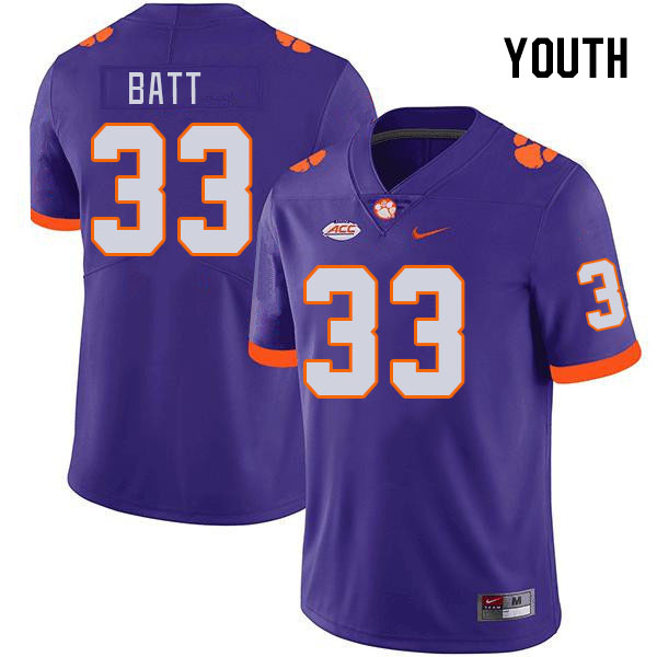 Youth #33 Griffin Batt Clemson Tigers College Football Jerseys Stitched-Purple